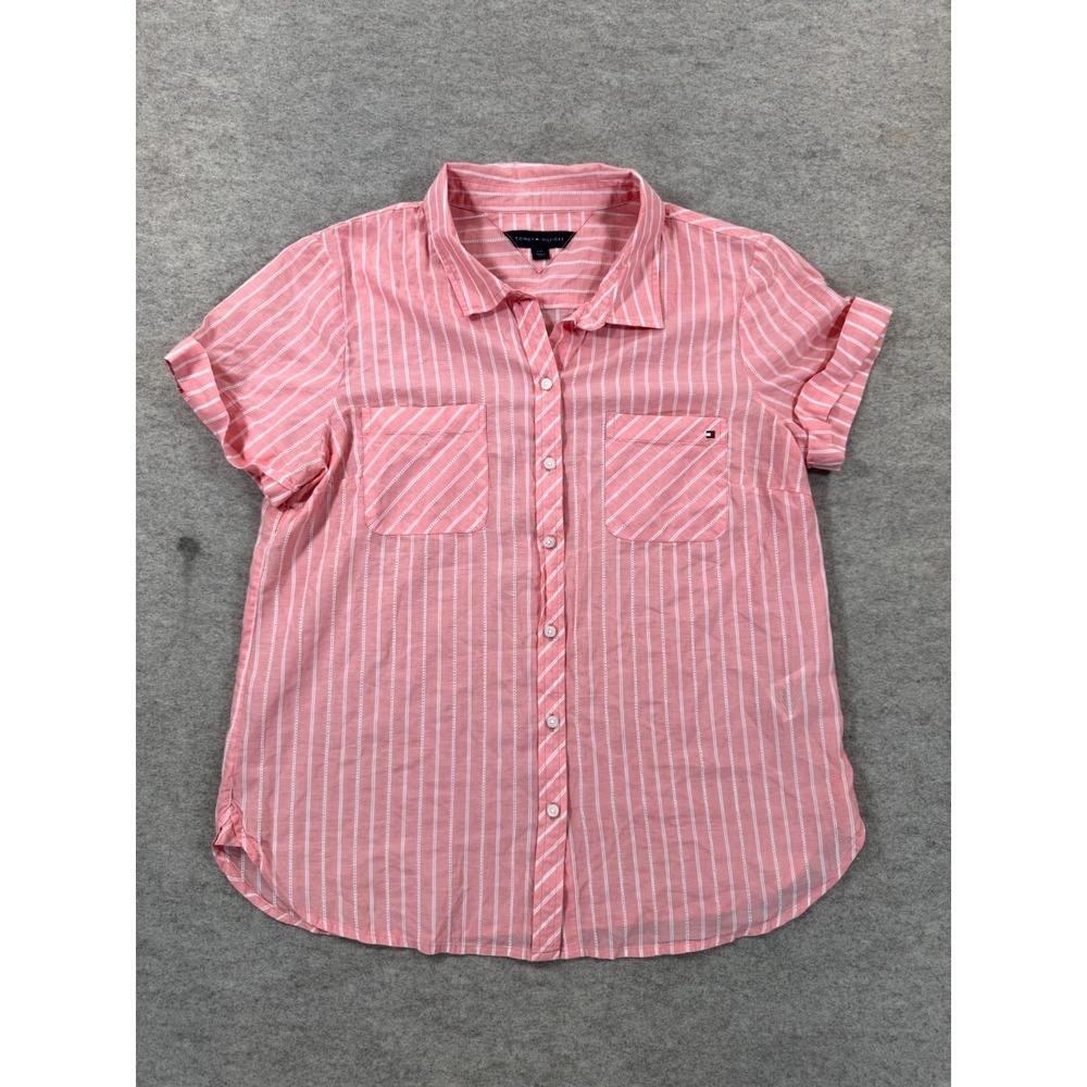 Tommy Hilfiger Shirt Womens Large Pink White Striped Eyelet Cuffed Short Sleeve